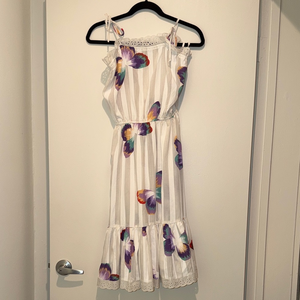 White Floral Striped Midi Dress with Purple & Yellow Petals